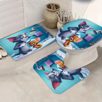 Vonios komplektas su katytė ir pelių tema: neslidus U formos kilimėlis ir dušo užuolaida, 4 dalys, poliesteris, modernus minimalistinis stilius, spausdintas raštas, pritaikomas