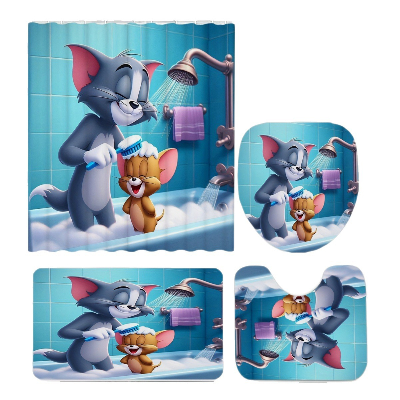 Vonios komplektas su katytė ir pelių tema: neslidus U formos kilimėlis ir dušo užuolaida, 4 dalys, poliesteris, modernus minimalistinis stilius, spausdintas raštas, pritaikomas