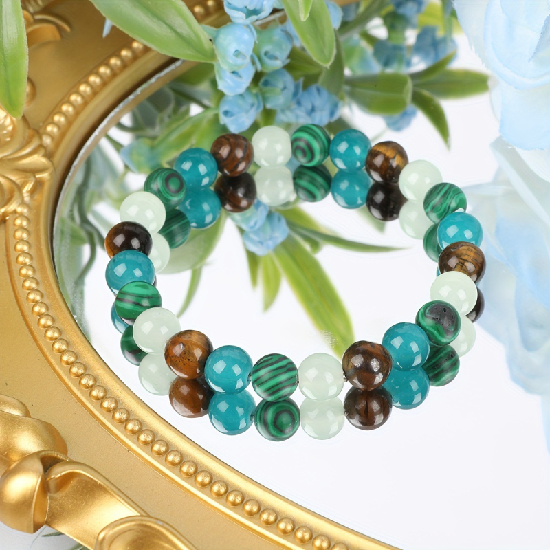 Еластична гривна с тигрово око и малахитни мъниста, ръчна изработка, унисекс, геометрична форма, лято 2025