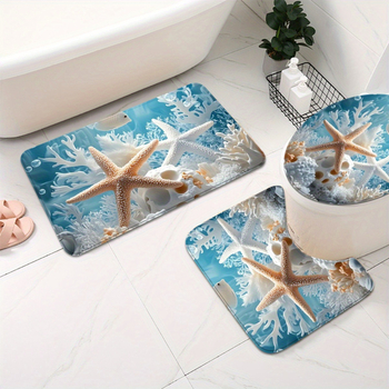 Voniai kambario keturių dalių komplektas su povandeninio pasaulio jūros žvaigždučių motyvu; poliesteris, šiuolaikiškas stilius; dušo užuolaida, kilimėlis, tualeto kilimėlis