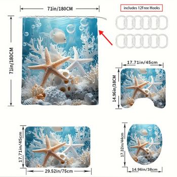 Voniai kambario keturių dalių komplektas su povandeninio pasaulio jūros žvaigždučių motyvu; poliesteris, šiuolaikiškas stilius; dušo užuolaida, kilimėlis, tualeto kilimėlis