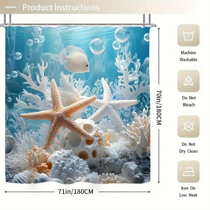 Voniai kambario keturių dalių komplektas su povandeninio pasaulio jūros žvaigždučių motyvu; poliesteris, šiuolaikiškas stilius; dušo užuolaida, kilimėlis, tualeto kilimėlis