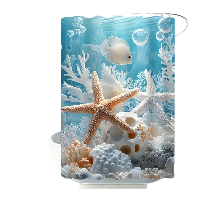 Voniai kambario keturių dalių komplektas su povandeninio pasaulio jūros žvaigždučių motyvu; poliesteris, šiuolaikiškas stilius; dušo užuolaida, kilimėlis, tualeto kilimėlis