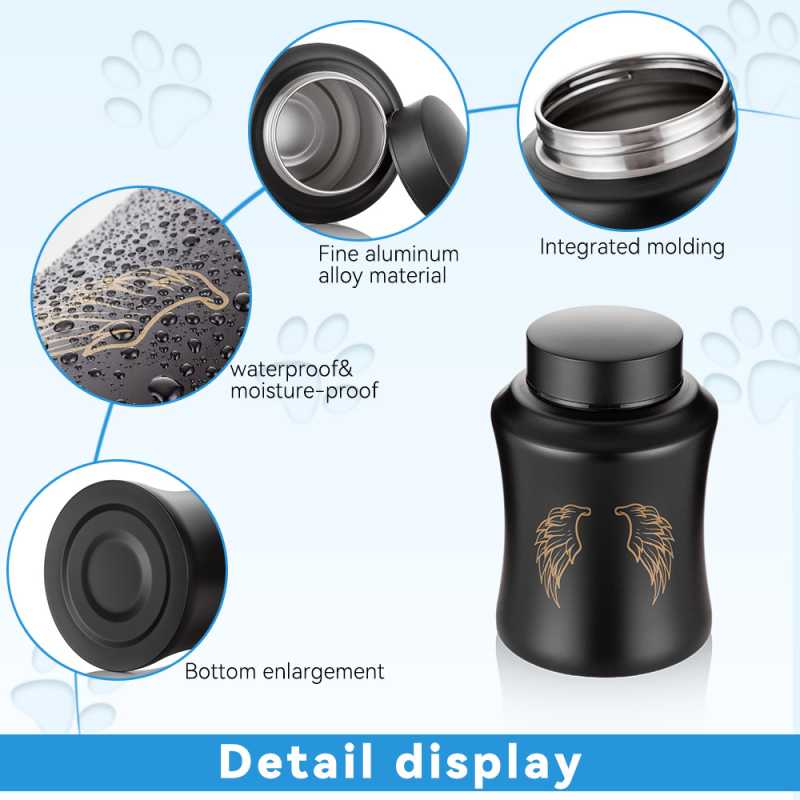 Geležinė urnos gyvūnėliams dėl jų pelenų, šiuolaikinio minimalistinio stiliaus, sandėlyje, logotipo spauda galima