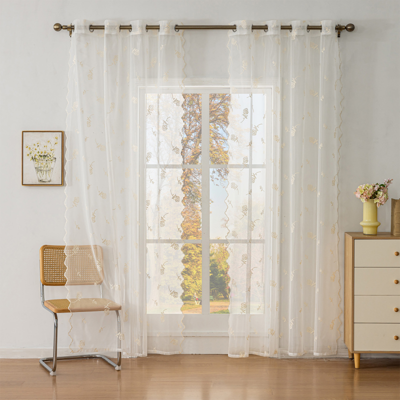 Poliesterinės langų užuolaidos su nėriniu siuvinėjimu – pastoralinis dizainas, tinkama svetainei, miegamajam, balkonui – dekoratyvinės, įrengimas nėra teikiamas