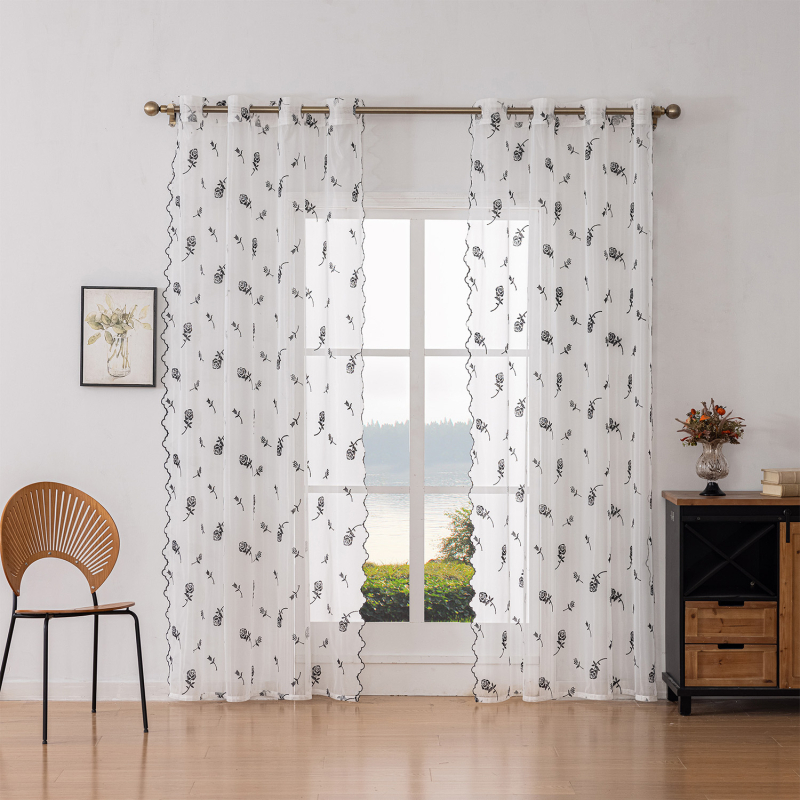 Poliesterinės langų užuolaidos su nėriniu siuvinėjimu – pastoralinis dizainas, tinkama svetainei, miegamajam, balkonui – dekoratyvinės, įrengimas nėra teikiamas