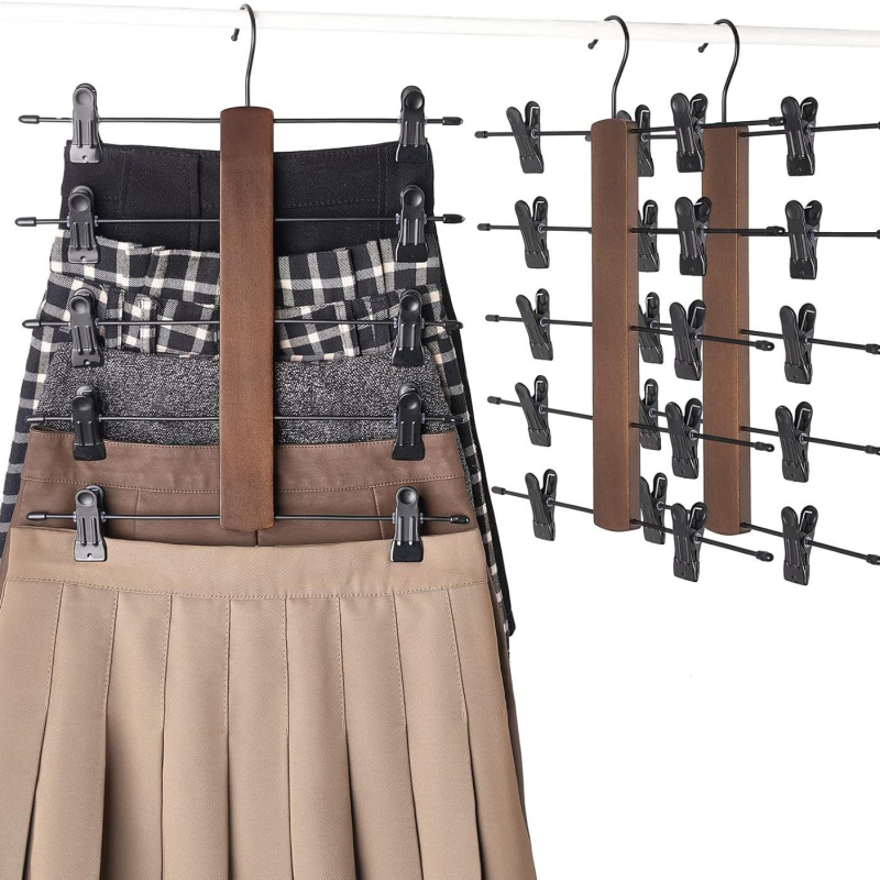 Daugiasluoksnis medinis kelnių laikiklis su metaliniais klipais, namų drabužių laikymo ir organizavimo sprendimas