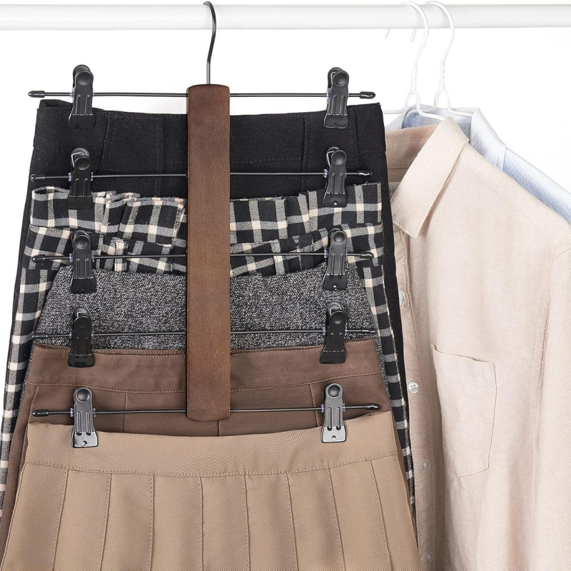 Πολυεπίπεδη ξύλινη ράγα για παντελόνια με μεταλλικά κλιπ, οικιακή οργάνωση αποθήκευσης για παντελόνια, φούστες και εσώρουχα