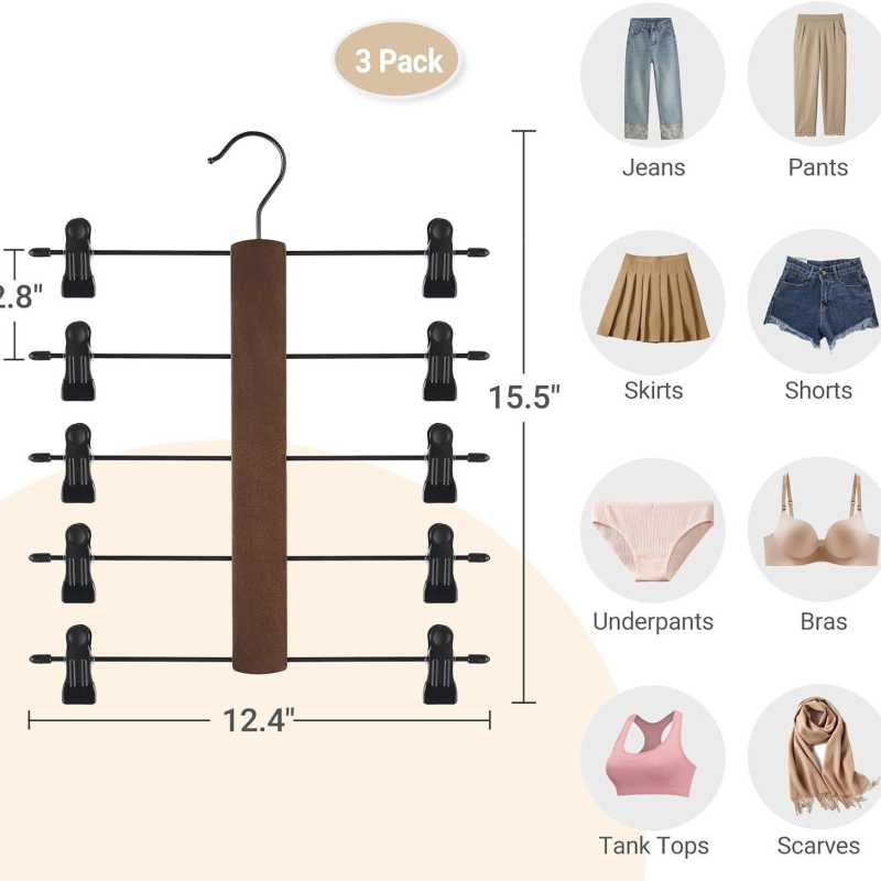 Πολυεπίπεδη ξύλινη ράγα για παντελόνια με μεταλλικά κλιπ, οικιακή οργάνωση αποθήκευσης για παντελόνια, φούστες και εσώρουχα