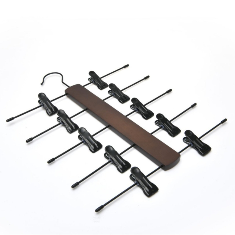 Daugiasluoksnis medinis kelnių laikiklis su metaliniais klipais, namų drabužių laikymo ir organizavimo sprendimas