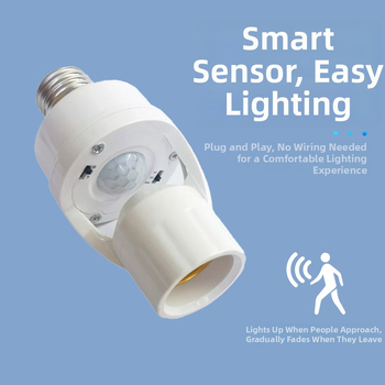 E27 laikiklis su žmogaus kūno jutikliu – reguliuojamas, skirtas laiptinėms ir koridoriams, 0-440V, 1,5 s delsimas