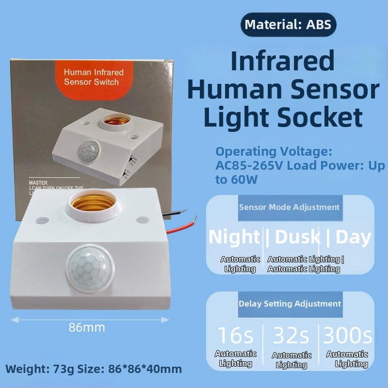 E27 laikiklis su žmogaus kūno jutikliu – reguliuojamas, skirtas laiptinėms ir koridoriams, 0-440V, 1,5 s delsimas