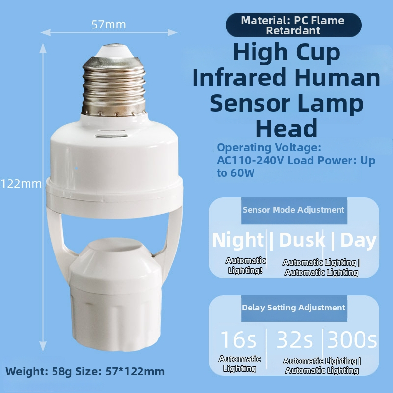 E27 laikiklis su žmogaus kūno jutikliu – reguliuojamas, skirtas laiptinėms ir koridoriams, 0-440V, 1,5 s delsimas