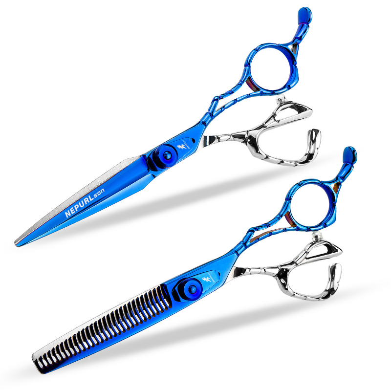 Plaukų kirpimo žirklės su įrėžtu rankenos dizainu ir retinimo funkcija (Prekės ženklas: Freelander)