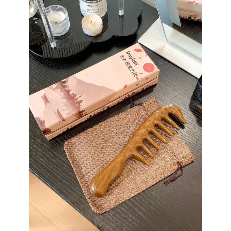 Santalų medienos masažo šukos su plačiais dantimis galvos odos masažui