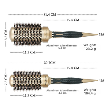 Plaukų šepetys su kiaulės šereliais, keraminė ritinėlio galva, aliuminio vamzdelis, šilumos vadavimo stilizavimo įrankis
