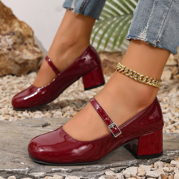 Mary Jane cipők – kerek orr, PU felső rész, 3–6 cm középméretű sarok, négyzet alakú sarok, gumitalp