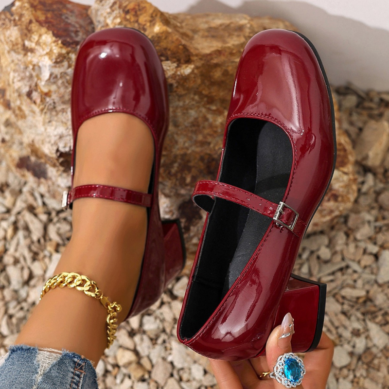 Mary Jane cipők – kerek orr, PU felső rész, 3–6 cm középméretű sarok, négyzet alakú sarok, gumitalp