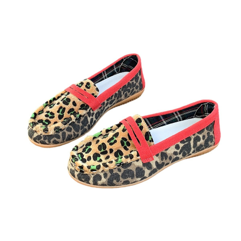 Női slip-on halász-stílusú cipő leopard mintával - velúr felsőrész, PU belső talp, gumi talp, lapos sarok, mind az évszakokra