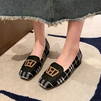 Ženske ravne cipele s malim petom, četvrtasti vrh, platnena gornja površina, PU ulošak, metalna kopča