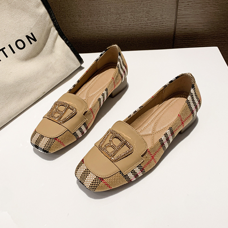 Ženske ravne cipele s malim petom, četvrtasti vrh, platnena gornja površina, PU ulošak, metalna kopča