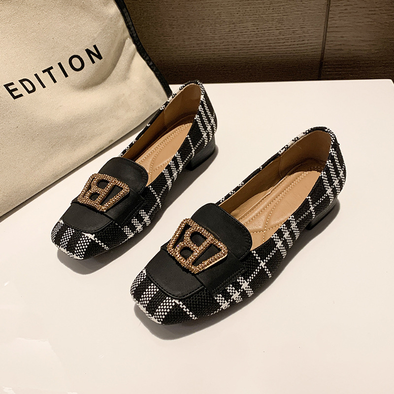 Ženske ravne cipele s malim petom, četvrtasti vrh, platnena gornja površina, PU ulošak, metalna kopča