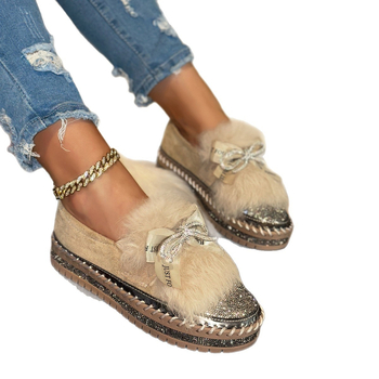 Ženski platform loafers s gornjim dijelom od velura, kristali s motivom leptira, podstava od umjetnog krzna, gumeni potplat