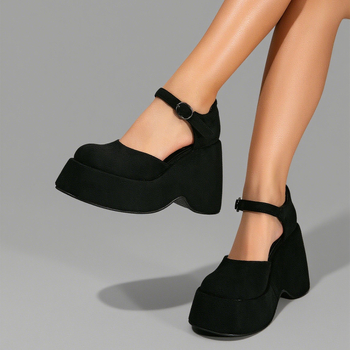 Platformos sandalai su tuščiaviduriu dizainu, apvali pirštų galas, tikra oda, sagties užsegimas