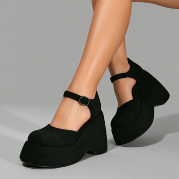 Platformos sandalai su tuščiaviduriu dizainu, apvali pirštų galas, tikra oda, sagties užsegimas