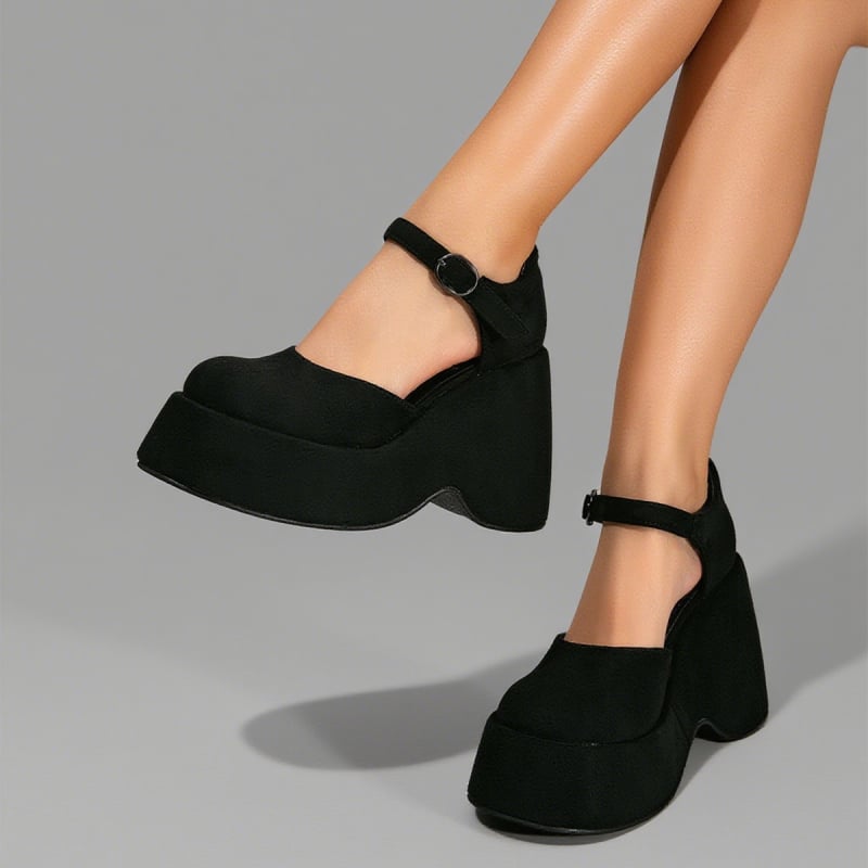 Platformos sandalai su tuščiaviduriu dizainu, apvali pirštų galas, tikra oda, sagties užsegimas