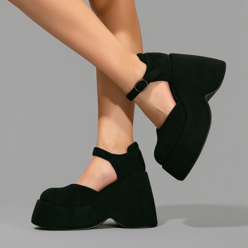 Platformos sandalai su tuščiaviduriu dizainu, apvali pirštų galas, tikra oda, sagties užsegimas