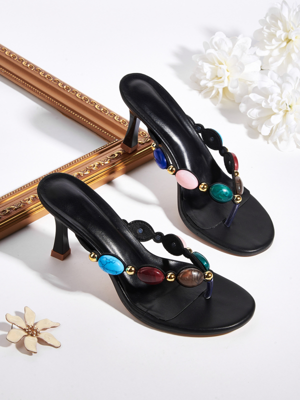 Ženske visoke pete s boemskom koraljkovom ukrašenjem, šiljast nos, PU gornji dio, uske potpetice 6–8 cm, boemski stil