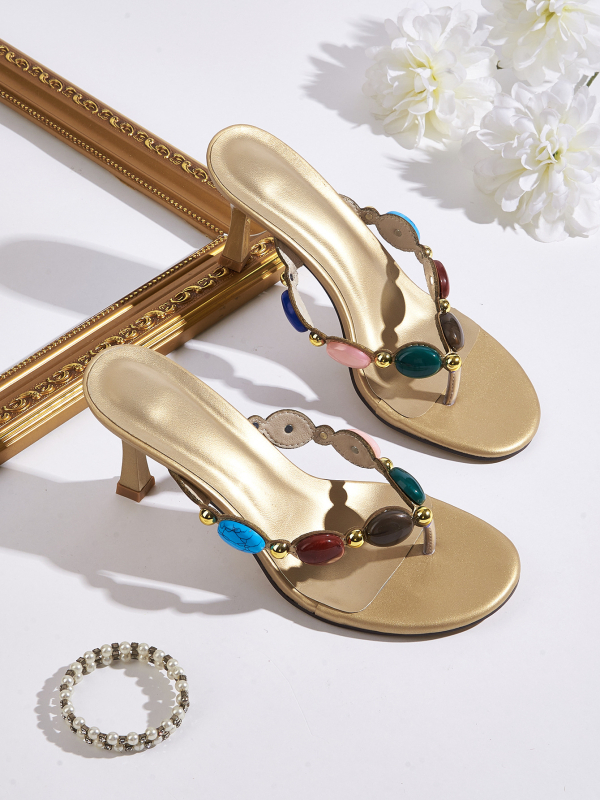 Ženske visoke pete s boemskom koraljkovom ukrašenjem, šiljast nos, PU gornji dio, uske potpetice 6–8 cm, boemski stil