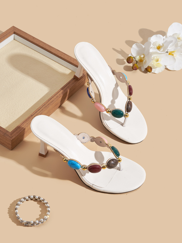 Ženske visoke pete s boemskom koraljkovom ukrašenjem, šiljast nos, PU gornji dio, uske potpetice 6–8 cm, boemski stil