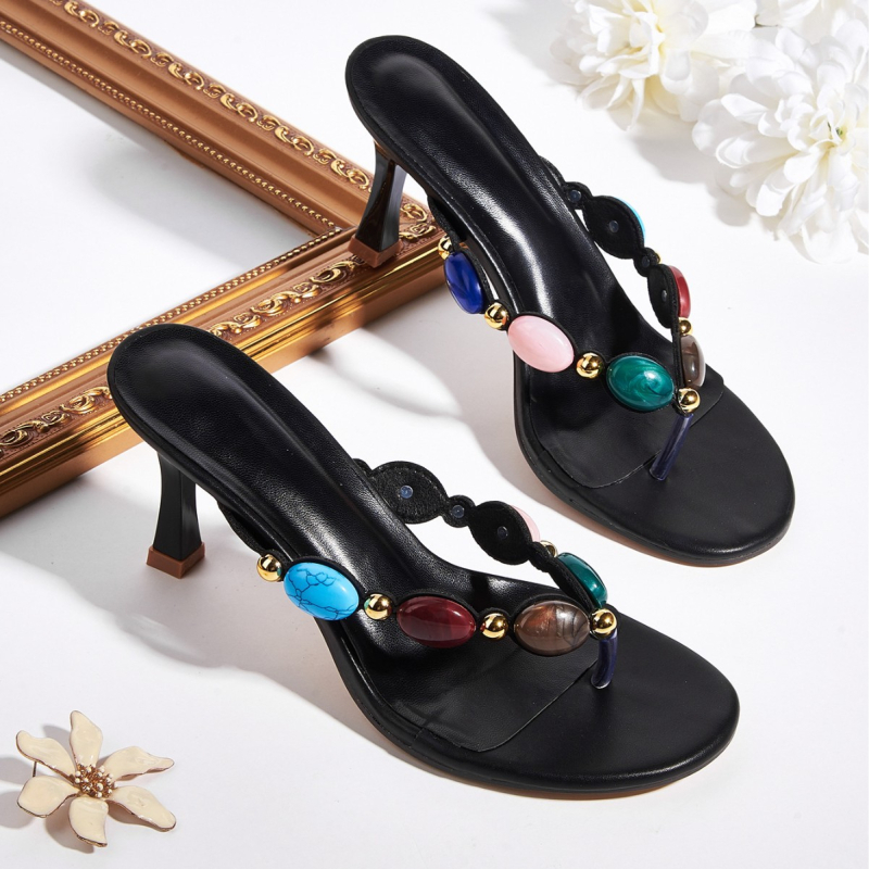 Ženske visoke pete s boemskom koraljkovom ukrašenjem, šiljast nos, PU gornji dio, uske potpetice 6–8 cm, boemski stil