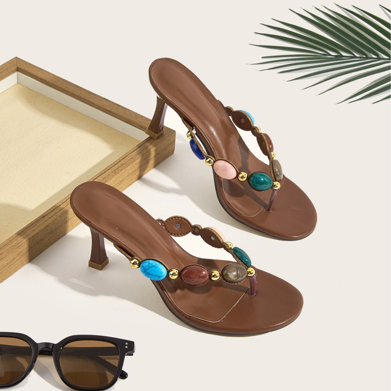 Ženske visoke pete s boemskom koraljkovom ukrašenjem, šiljast nos, PU gornji dio, uske potpetice 6–8 cm, boemski stil