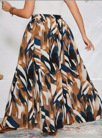 Fustă feminină cu imprimeu geometric din poliester-spandex, deschidere laterală, lungime medie, primăvara 2025