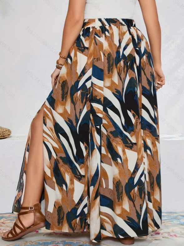 Fustă feminină cu imprimeu geometric din poliester-spandex, deschidere laterală, lungime medie, primăvara 2025