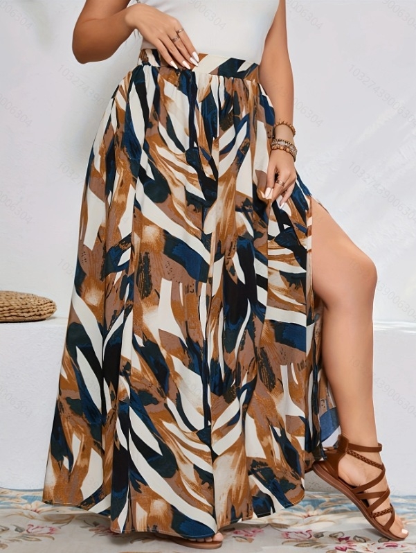 Fustă feminină cu imprimeu geometric din poliester-spandex, deschidere laterală, lungime medie, primăvara 2025