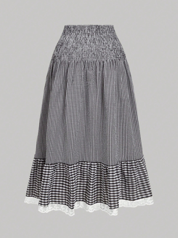 Suknja tip cake s čipkom u karirastom uzorku, visokim strukom, duga, 95% poliester