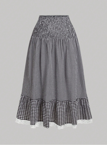 Suknja tip cake s čipkom u karirastom uzorku, visokim strukom, duga, 95% poliester