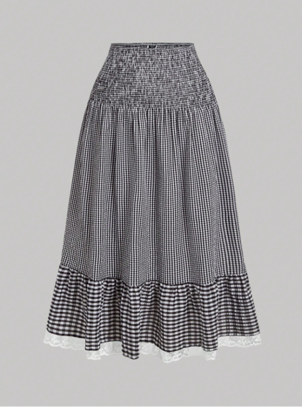 Suknja tip cake s čipkom u karirastom uzorku, visokim strukom, duga, 95% poliester