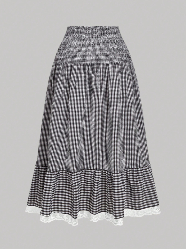Suknja tip cake s čipkom u karirastom uzorku, visokim strukom, duga, 95% poliester