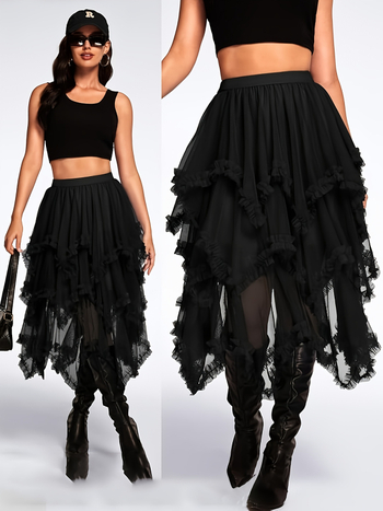 Fustă dantelată din plasă neregulată, lungime medie, poliester, micro-elastic, croială neregulată