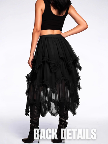 Fustă dantelată din plasă neregulată, lungime medie, poliester, micro-elastic, croială neregulată