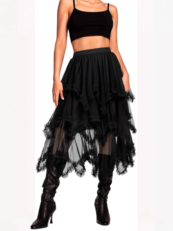 Fustă dantelată din plasă neregulată, lungime medie, poliester, micro-elastic, croială neregulată