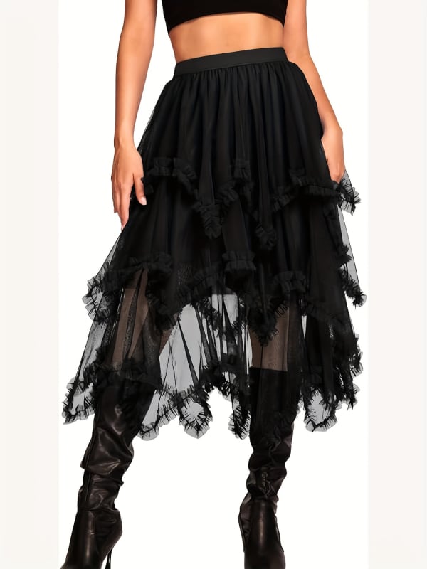 Fustă dantelată din plasă neregulată, lungime medie, poliester, micro-elastic, croială neregulată