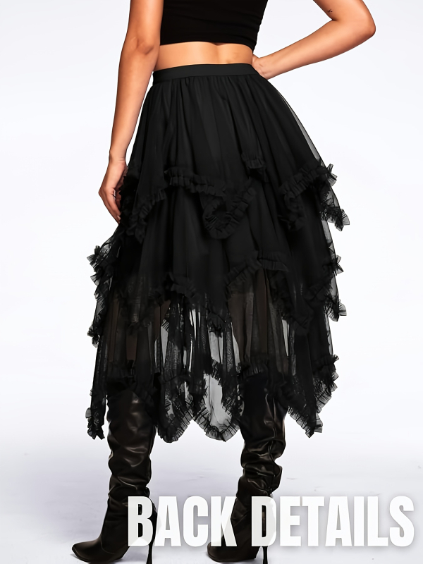 Fustă dantelată din plasă neregulată, lungime medie, poliester, micro-elastic, croială neregulată