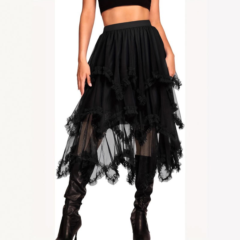Fustă dantelată din plasă neregulată, lungime medie, poliester, micro-elastic, croială neregulată
