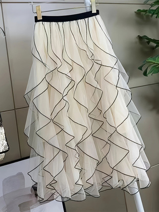 Пола А‑линия с рюш по краищата; едноцветен полиестер; 95% полиестер; средна дължина; стил японско/корейски свободен